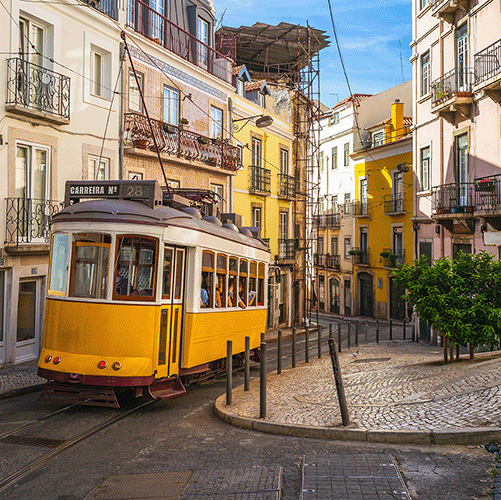 A yelllow tram in Lisbon