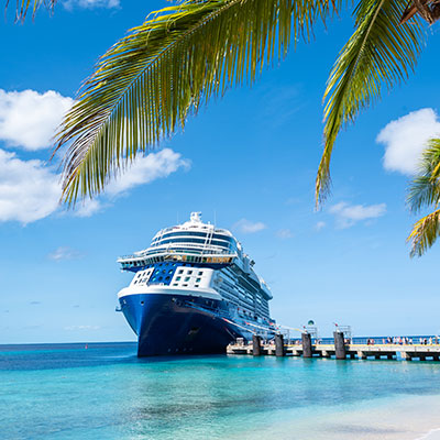 Large cruise ship docked at a passenger gangway near a beach destination.